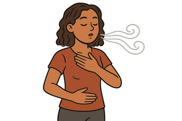 Woman practicing deep breathing exercise for mindfulness and relaxation. Calm person doing breathwork for stress relief and anxiety. Vector cartoon for mental health and wellness.
