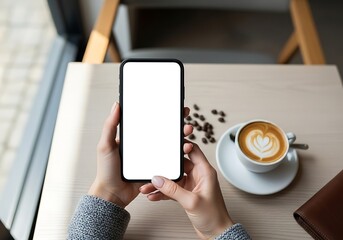 A smartphone with a blank screen is held by a person at a cafe table, showcasing a latte art cup and coffee beans, suggesting a moment of leisure and digital interaction.