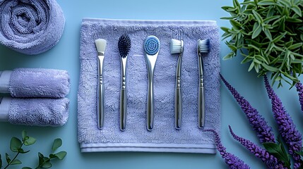 Four elegant makeup brushes arranged on a patterned cloth with rolled towels and lavender sprigs