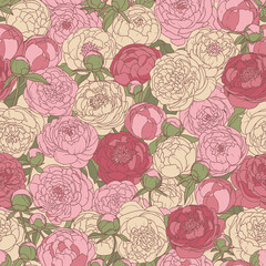 A vibrant floral pattern featuring a variety of peonies in shades of pink, cream, and red, creating a lush and detailed design.