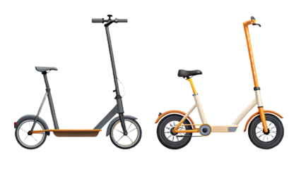 Grey electric scooter and cream and orange electric bike on transparent background isolated on a transparent background