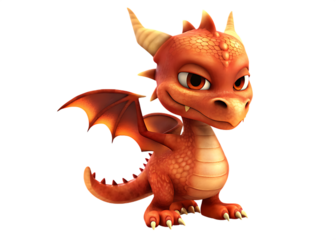 Grumpy Orange Cartoon Dragon with Red Eyes and Wings fantasy creature isolated on a transparent background