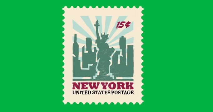 Marketers animating postage stamp on transparent canvas featuring Liberty silhouette, sunburst rays