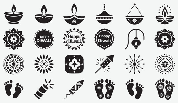Collection of Diwali Festival Icons and Symbols in Silhouette india hindu