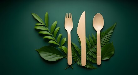 Ecofriendly dining concept featuring a wooden fork, knife, and spoon arranged with lush green leaves on a dark green background, promoting sustainability and natural aesthetics