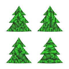 Geometric tree shape. Set. Faceted green texture. Abstract low poly. Vector forest symbol. 