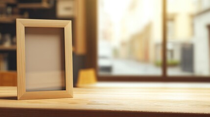An empty wooden picture frame on a rustic wall, evoking warmth and simplicity in a cozy interior.