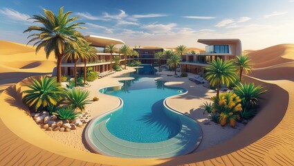 Fototapeta premium ultra realistic 360° panorama of desert resort with oasis pool, sandy dunes, modern architecture