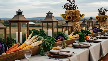 Thanksgiving dinner table arrangement featuring harvest vegetables, corn, cabbage, carrots, fall lanterns, and hay bales in outdoor rustic setting. Use for holiday themes, farm themes,