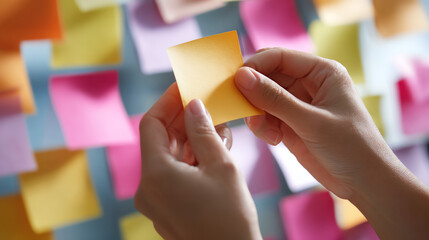 Hands hold yellow sticky note amidst colorful notes representing business impact and change