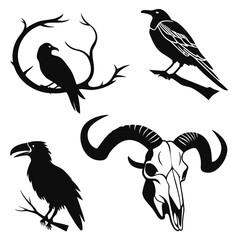 Black birds and ram skull silhouette vector