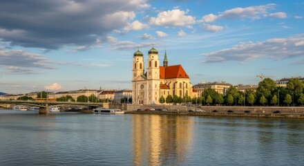 Fototapeta premium A grand twin-towered church with a red roof overlooks a wide river reflecting its facade on the water A bridge boats and city structures line the banks under a partly cloudy sky