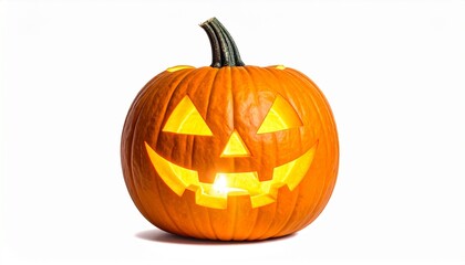 Render a carved pumpkin with triangular eyes, nose, and wide toothy grin illuminated from within, featuring a green stem, isolated against a clean white background to emphasize Halloween spirit and fe