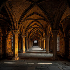 Obraz premium The medieval undercroft of Lanercost Priory features a stone vaulted ceiling and pillars.