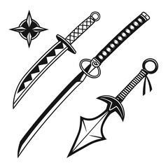 Black ninja weapons and shuriken katana wakizashi