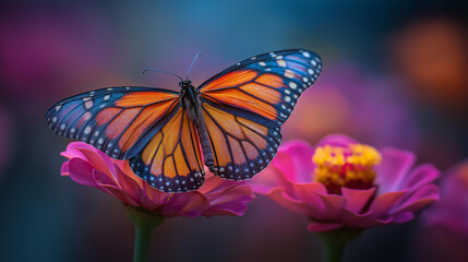 Fototapeta premium A beautiful, intricate shot of a monarch butterfly on a vibrant flower. The focus is on the delicate wings and the contrasting colors. Represents transformation, beauty, and nature
