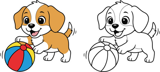 Cute Puppy Playing with Colorful Ball Coloring Page
