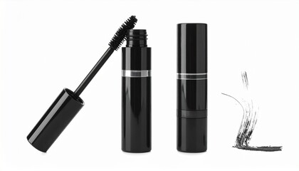 Obraz premium Render three metallic gold mascara tubes—two upright with caps, one uncapped with thick bristled wand exposed—placed on a clean surface against a white background, emphasizing luxury and cosmetic prec