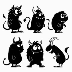 Cute black monsters with horns and tails silhouette