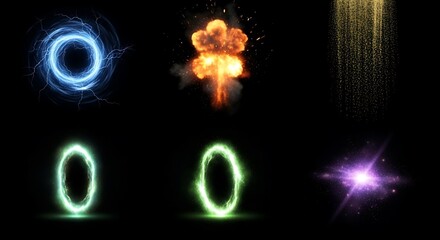 Collection of dynamic, glowing effects on a black background, featuring swirling energy rings, explosions, and glittering particles.