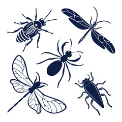 Dark blue insect silhouettes on white background butterfly