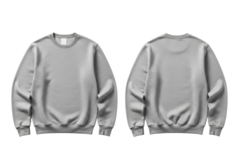 Two identical plain gray crewneck sweatshirts, one front, one back view, ribbed cuffs and hem, flat laid on transparent background with copy space, professional apparel mockup concept