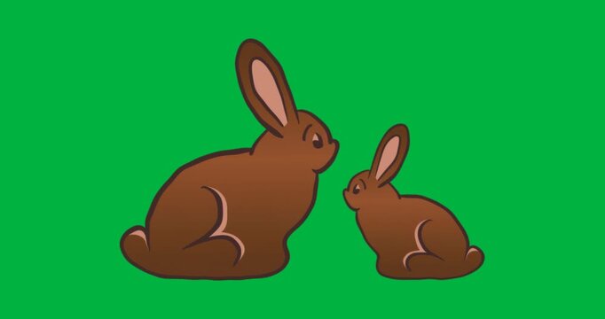 Designers showcasing cartoon rabbit duo facing each other on transparent canvas adding pink accents