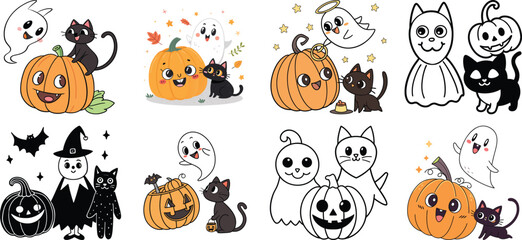 Big set of silhouettes of Halloween on a white background. Vector illustration