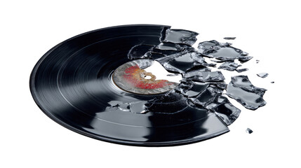 Shattered broken vinyl record with sharp glass like fragments isolated on white background