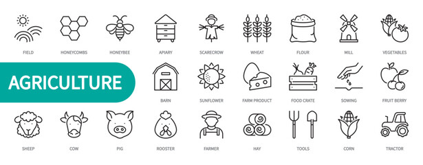 Agriculture & farming icon set. Field, honeycombs, honeybee, apiary, scarecrow, wheat, flour, mill, tractor, barn, sowing, sheep, cow, pig, rooster, farmer, etc. Editable stroke, vector illustration.
