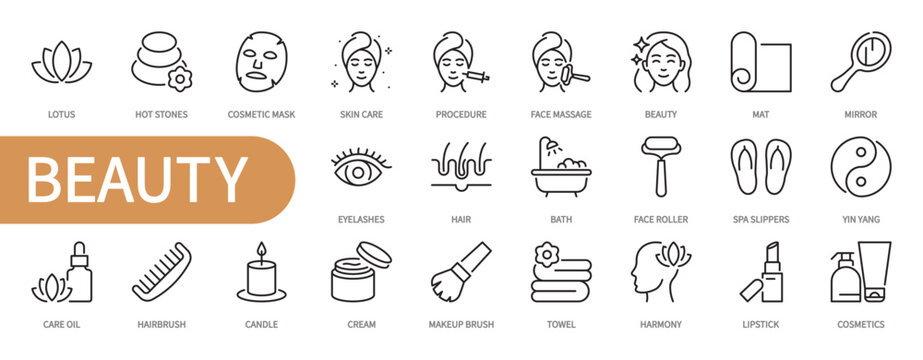 Beauty & spa icon set. Lotus, hot stones, mask, skin, face massage, self care,mat, cosmetics, hair, bath, hairbrush, candle, cream, towel, harmony, lipstick, etc. Editable stroke, vector illustration.