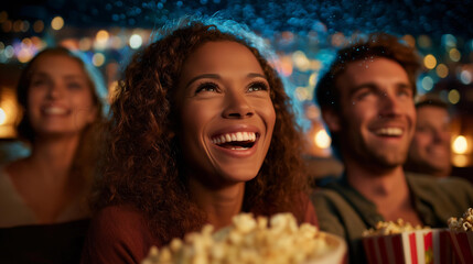 Fototapeta premium A group of friends laughing and watching a movie together at home, with popcorn and snacks scattered around. The screen light illuminates their faces. Represents fun, home, and com