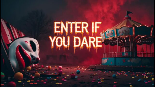 Haunted Abandoned Carnival Entrance with Creepy Clown Mask, Rusty Rides, and Spooky Eerie Atmosphere