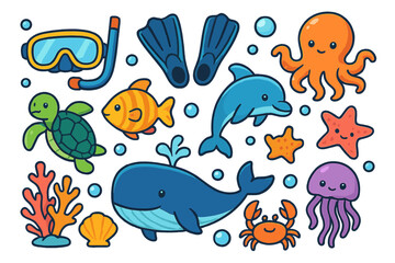 Cute cartoon marine life icon set. Vector illustration of sea animals like dolphin, whale, turtle, and octopus. Includes snorkeling gear, diving mask, and flippers for summer vacation.