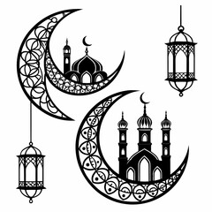 Islamic crescent moons with mosques and lanterns mosque silhouette