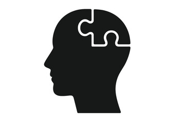 Head profile with puzzle piece. Concept for psychology, mental health, therapy, autism, problem solving, and creativity. Mind logic and solution symbol. Vector illustration.