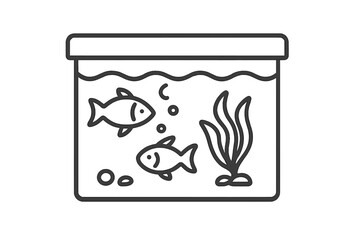Aquarium line icon with fish. Fish tank symbol. Minimalist outline vector of aquatic pets. Underwater concept. Marine life, water plant, bubbles. Pet shop sign. Hobby.