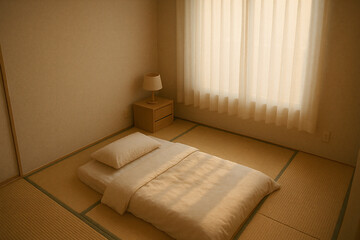 畳の部屋に布団と朝日が差し込む寝室