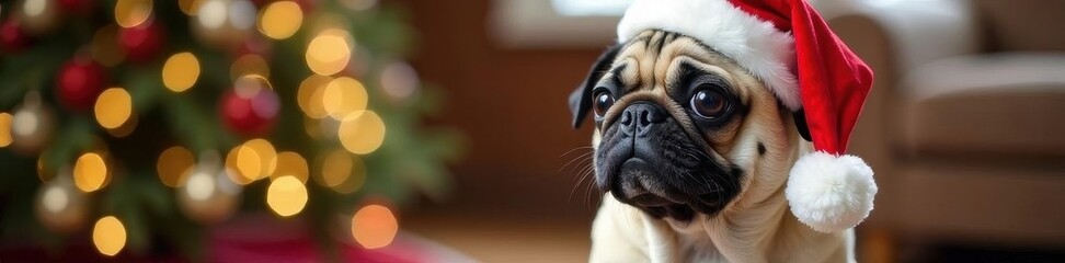 Adorable pug wearing Santa hat, out of focus Xmas tree, pet, xmas, design