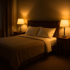 間接照明に照らされた落ち着いた寝室のベッド