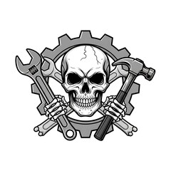 A grayscale emblem features a skull encircled by crossed wrenches and a hammer, all within a gear.