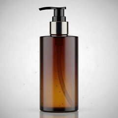 A cylindrical amber glass bottle with a pump dispenser, presented against a simple backdrop.