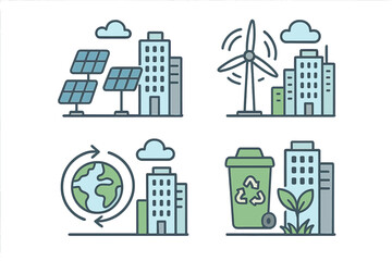 Renewable energy icon set. Green city concept with solar panels, wind turbine, and recycling symbols. Urban sustainability and ecology vector illustrations for a clean future.