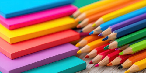 Fototapeta premium vibrant collection of colored pencils and sticky notes arranged in an artistic display, showcasing creativity and organization.