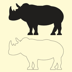 Black rhinoceros silhouette and outline isolated on white background