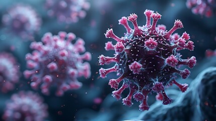 Microscopic view of a virus particle with spikes on its surface