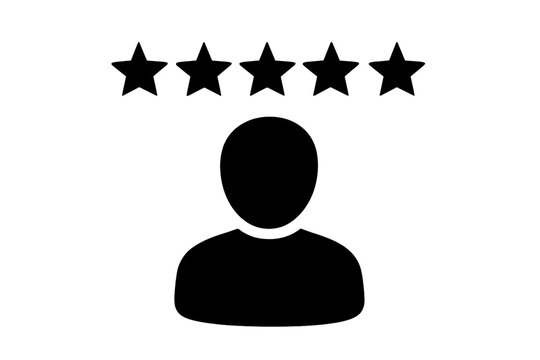Five star rating. Person icon. Customer review. Quality satisfaction survey. Excellent feedback concept. User experience symbol. Top performance. Best client service success.
