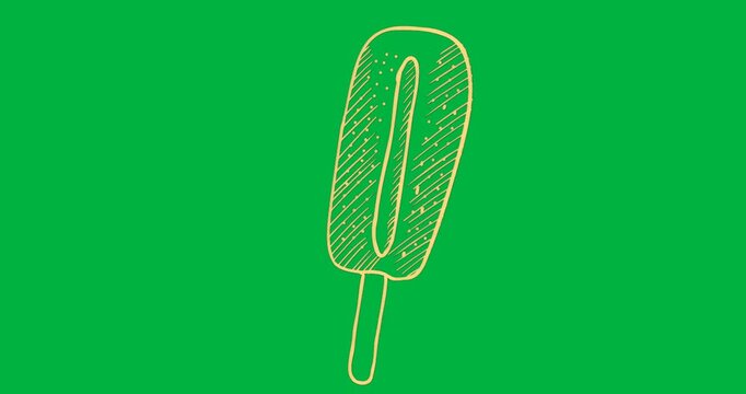 designer placing yellow line-art popsicle on transparent backdrop showing hatched, dotted details