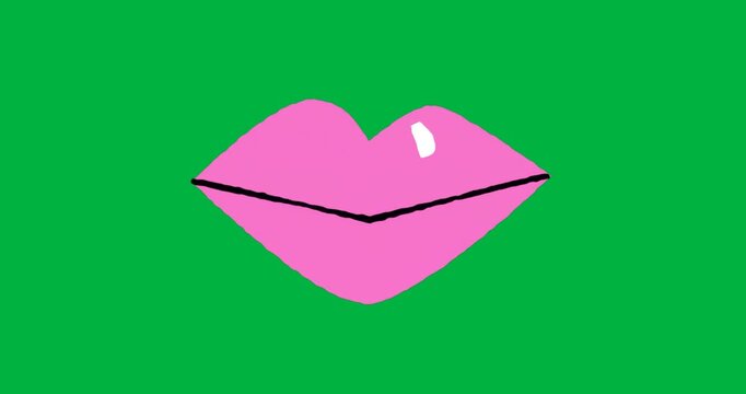 stylized pink lips featuring black outline and white shine on transparent background for beauty