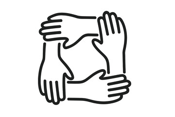 Obraz premium Teamwork and collaboration icon. Four hands holding together. Symbol of unity, support, solidarity, and community. Vector graphic for business, social help, and partnership.